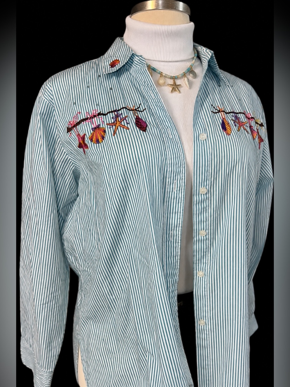 Vintage Quacker Factory Sea Blue & White Striped Embroidered Beach Button Down